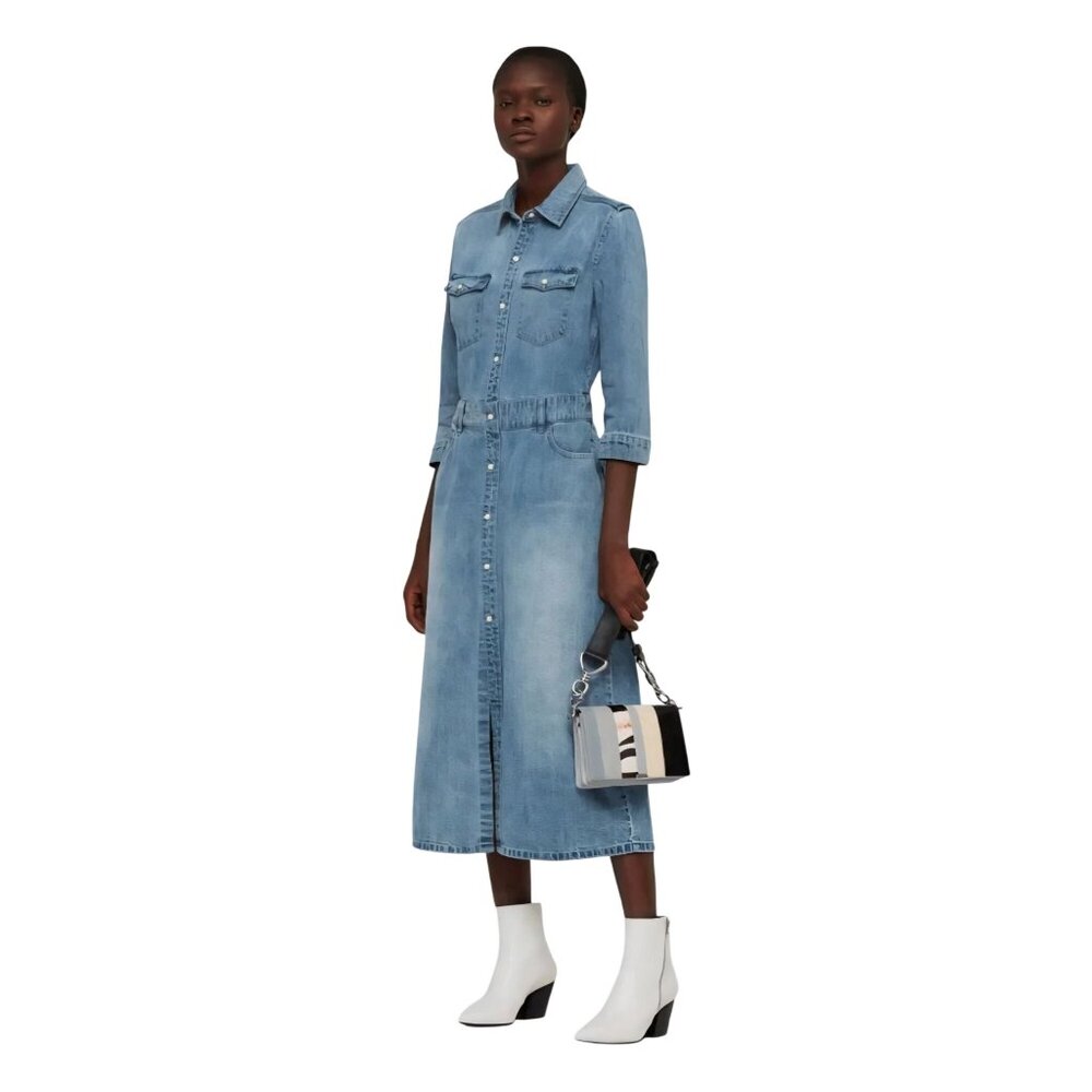 AllSaints Polly Long Denim Dress Midi Pearl Snap Slit Front Back Pockets Size S